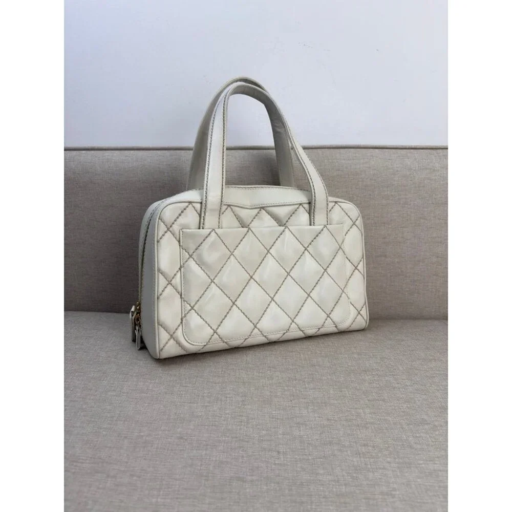 CHANEL White Calfskin Wild Stitch Bowler Medium GHW